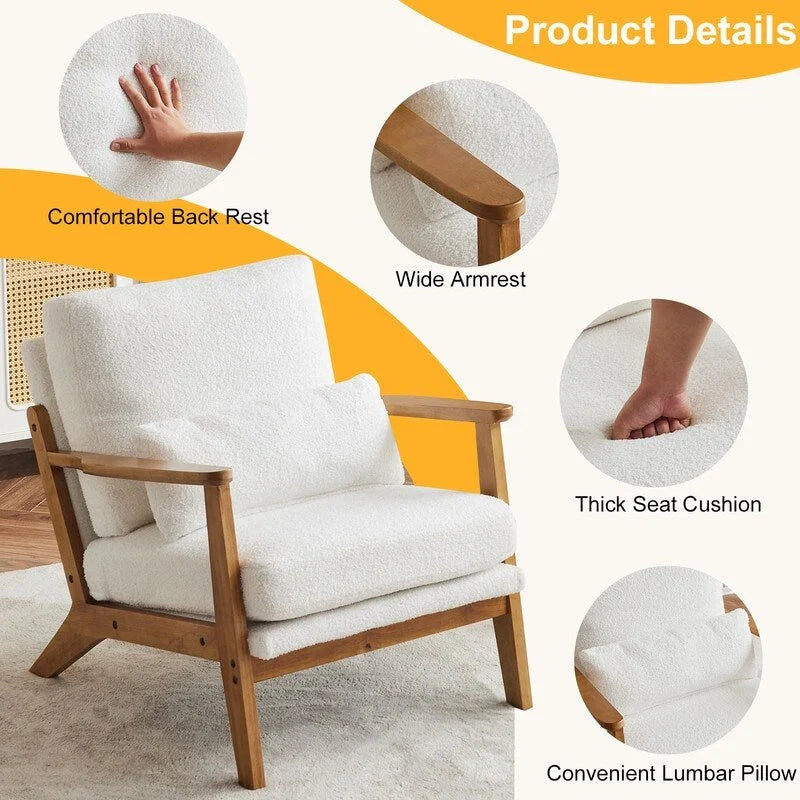 Fauteuil d'appoint rembourré en mélange de lin avec pieds en bois et un oreiller beige