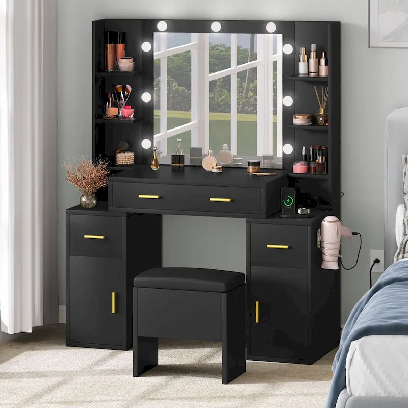 Coiffeuse avec prises intégrées et miroir éclairé, 55,1H x 43,3L x 15,74P