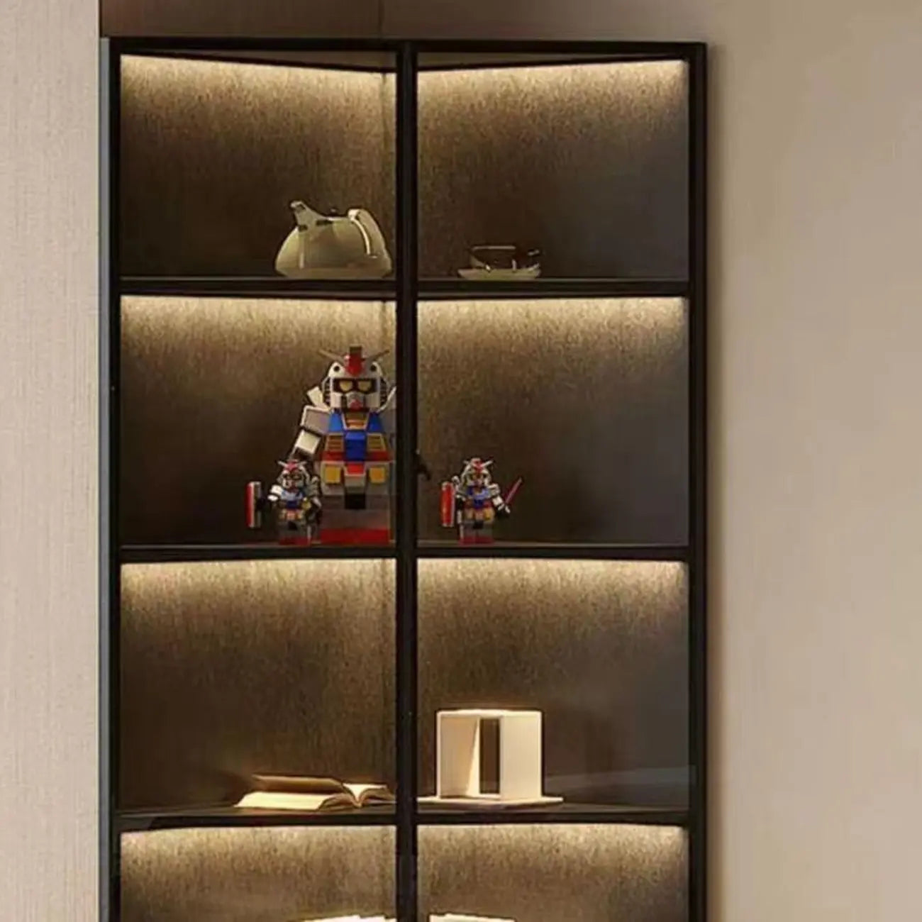 Meuble d'angle d'exposition moderne en bois et métal gris avec porte vitrée