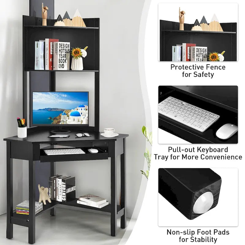 Bureau d'angle triangulaire avec huche - Étagères - Tablette clavier - Noir/Blanc