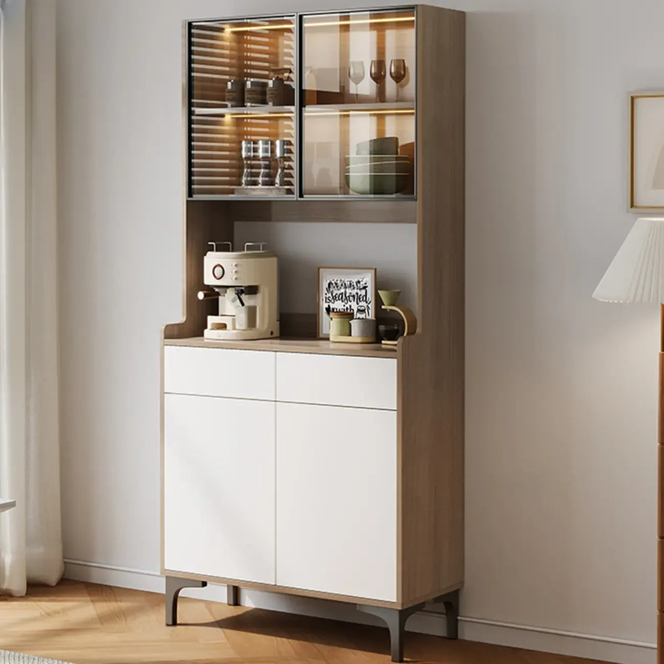 Buffet vaisselier en bois et verre avec partie haute