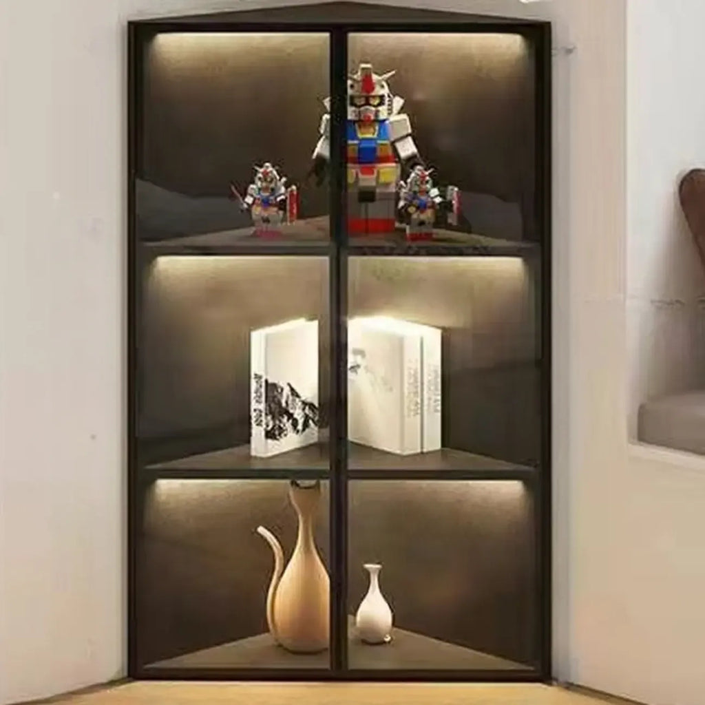 Meuble d'angle d'exposition moderne en bois et métal gris avec porte vitrée