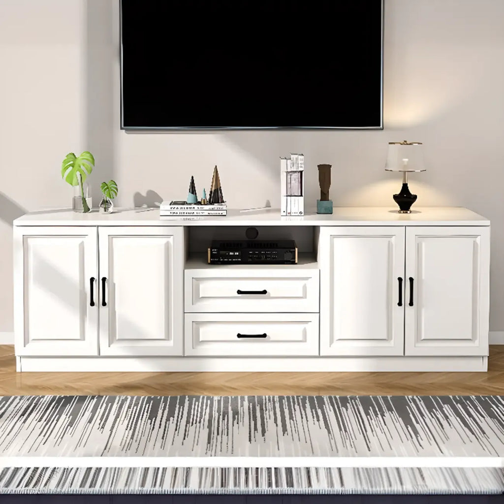Meuble TV moderne blanc en bois avec rangement et gestion des câbles