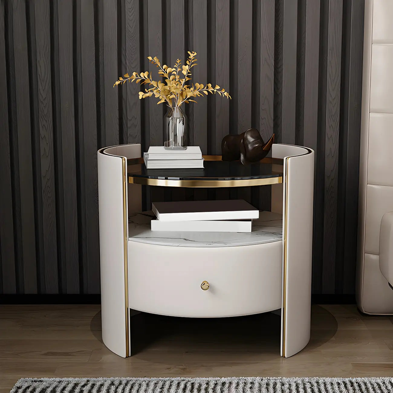 Table de chevet de luxe en verre avec tiroir de rangement et niche ouverte