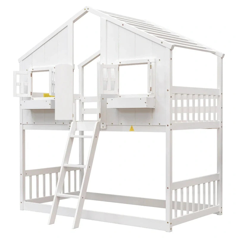 Lit superposé cabane jumeau sur jumeau avec toit, fenêtre, jardinière, porte, barrières de sécurité et échelle, gris