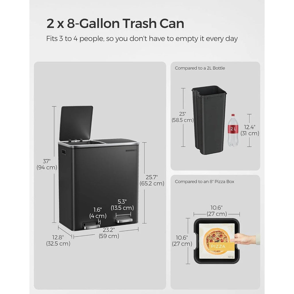 SONGMICS Poubelle double, 60L, en acier inoxydable, noire