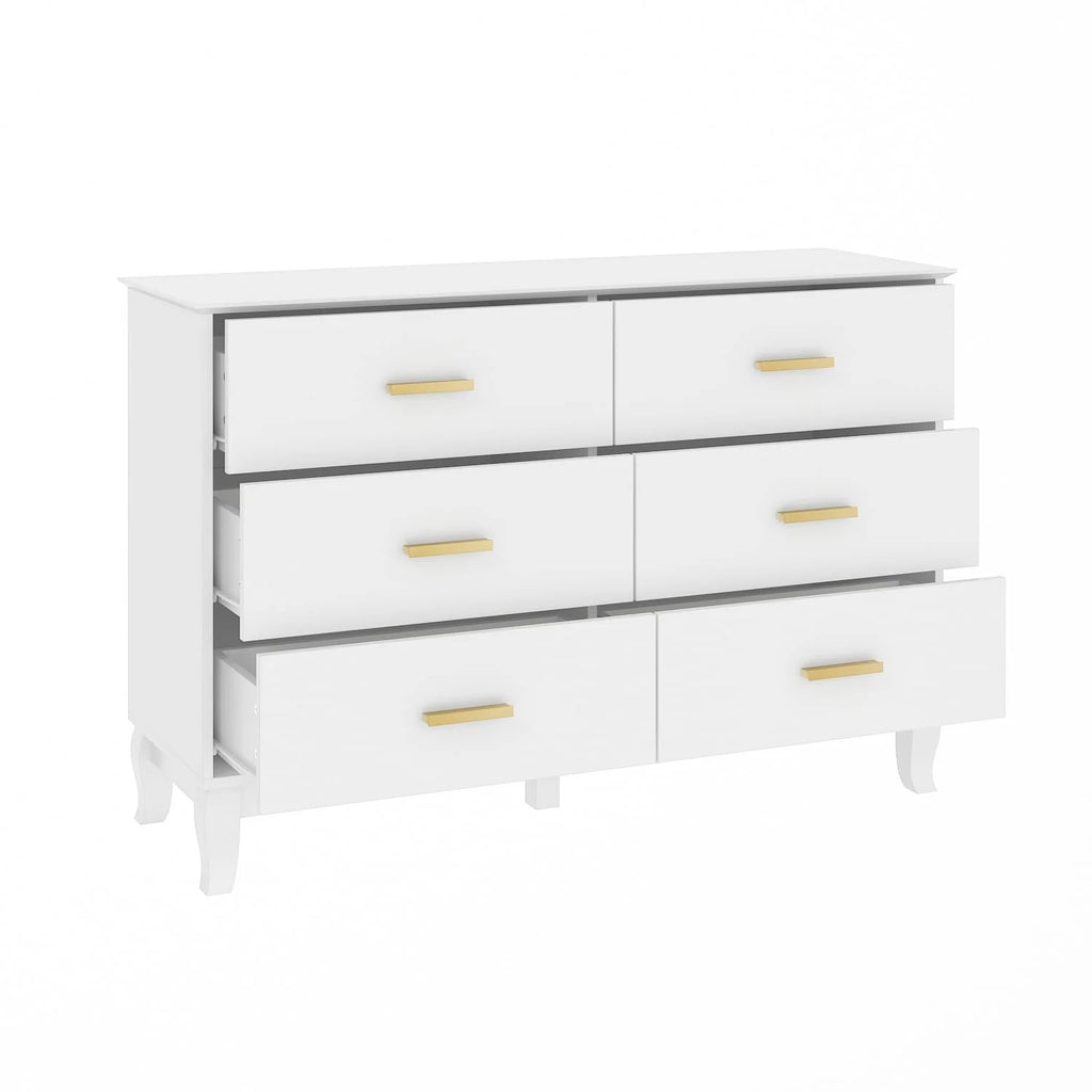 Commode double Timechee 6 tiroirs 47,2 po de largeur, pieds en bois massif, fini laqué