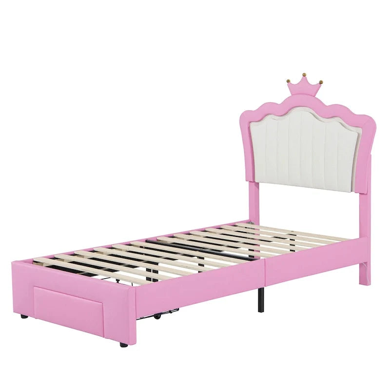 Cadre de lit double rembourré avec lumières LED, lit de princesse moderne rembourré avec tête de lit en forme de couronne, un tiroir, rose+blanc