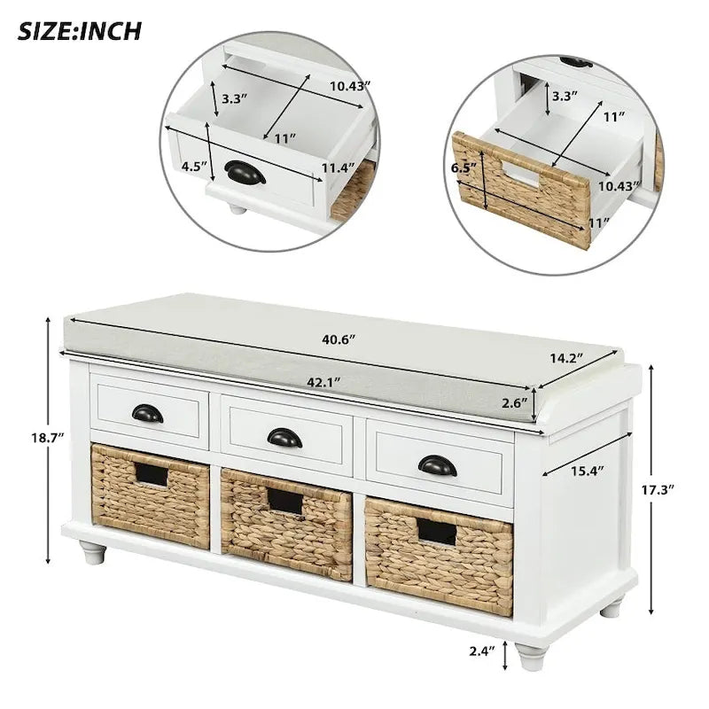 Banc de rangement rustique avec 3 tiroirs et 3 paniers en rotin, banc à chaussures pour salon, entrée