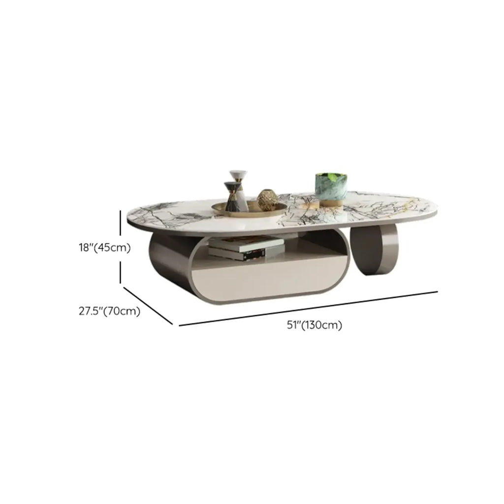 Table basse ovale contemporaine unique avec plateau en marbre et tiroir