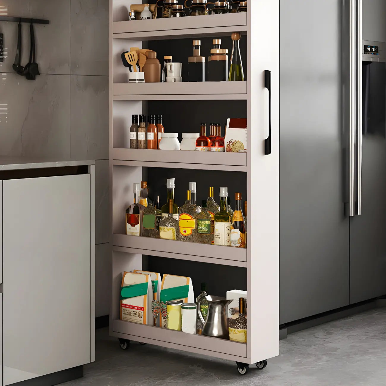 Buffet en bois moderne avec étagères ouvertes et roulettes