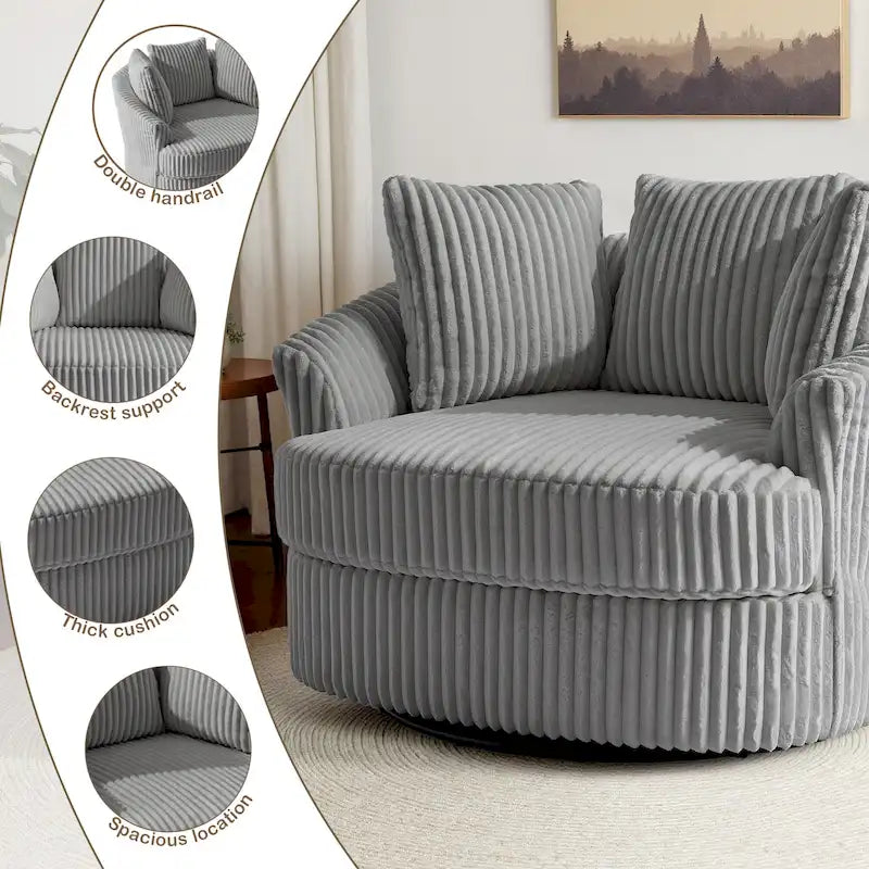 Fauteuil pivotant rond surdimensionné en velours côtelé avec accoudoirs encastrés 43 W
